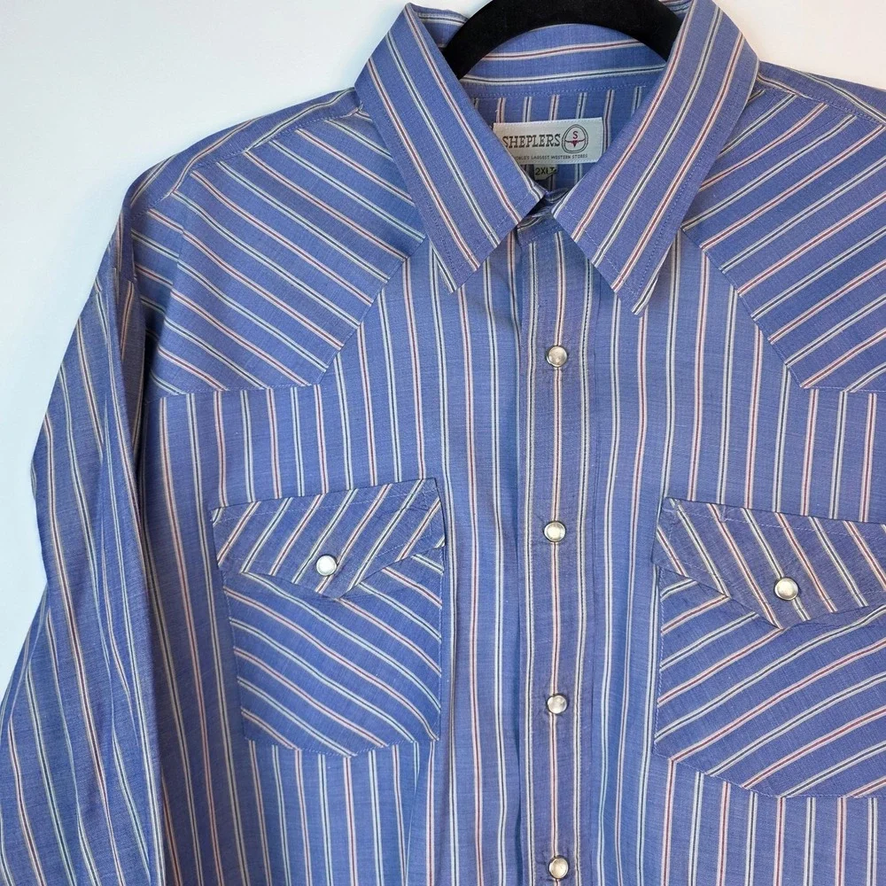 Sheplers Western Pearl Snap Shirt Blue Stripe Long Sleeve 2XLT Broken Snap‎ Cuff